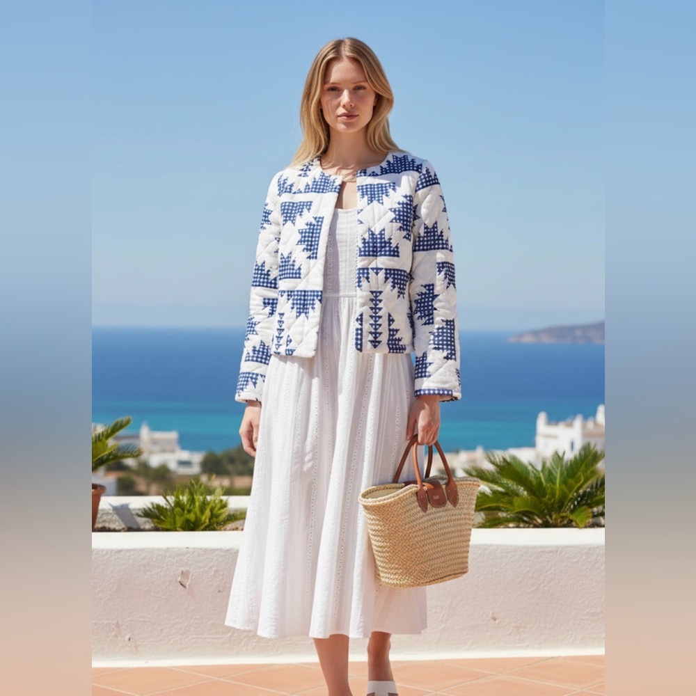 NWOT Caroline Constas Linen Blend Blue and White Cropped Quilted Jacket XS